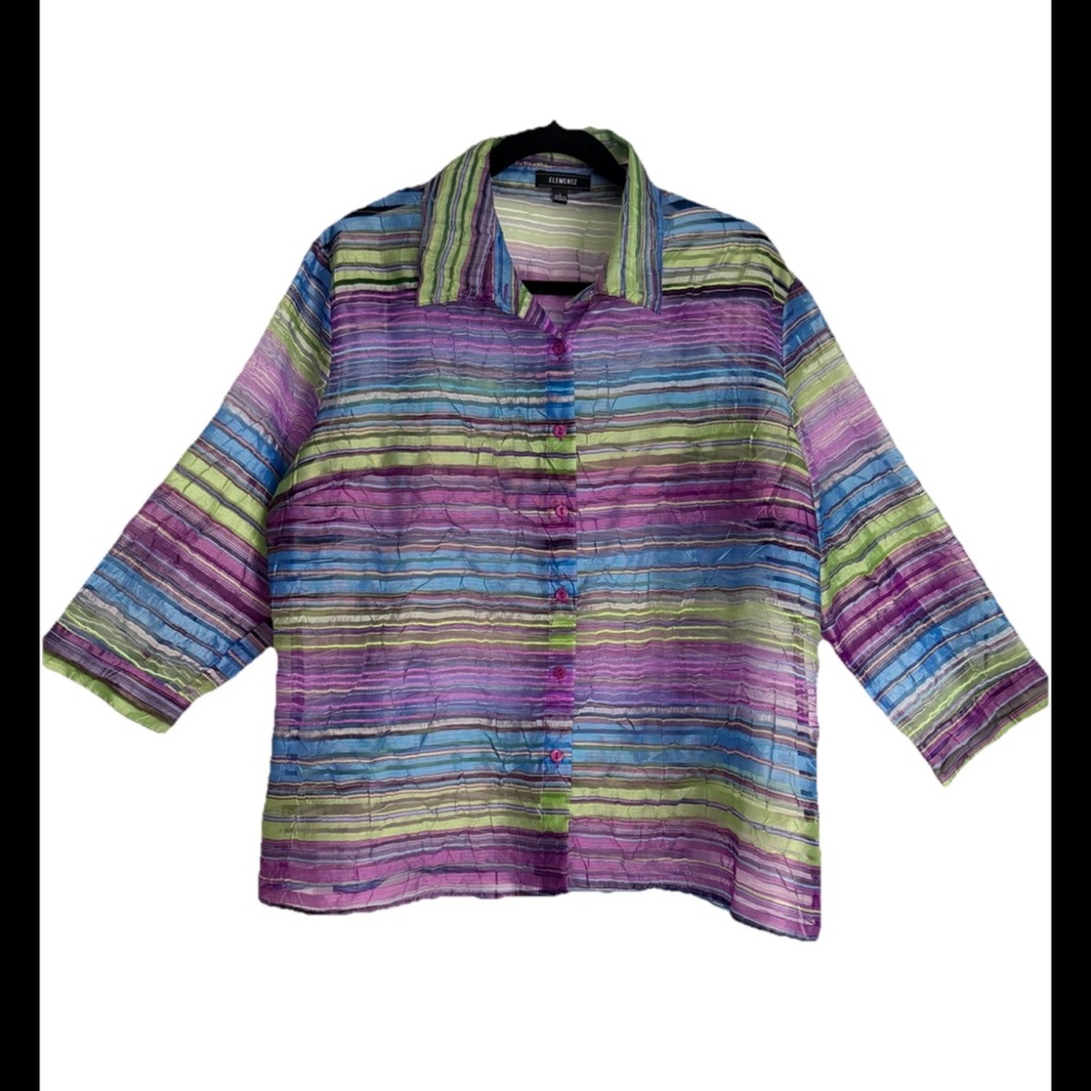 ELEMENTZ Purple Green Sheer Button Up Blouse Sz L
